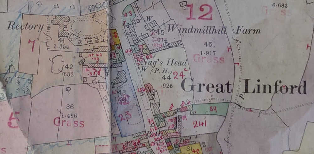 1910 Tax map of Great Linford showing The Nags Head.