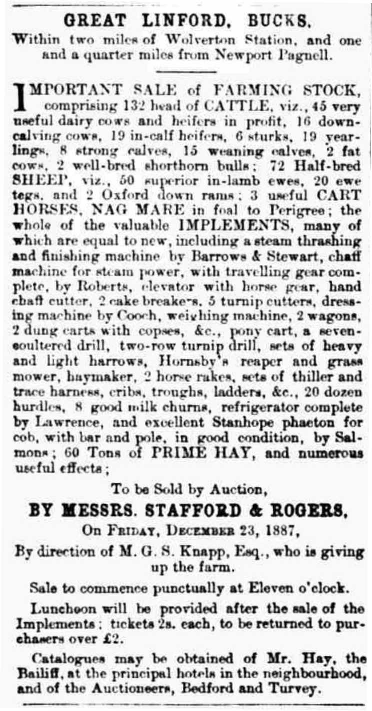 Advertisement for sale by auction at the Black Horse Farm.