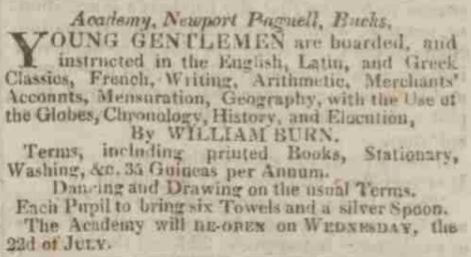 Advert for the school of William Burn in Newport Pagnell.