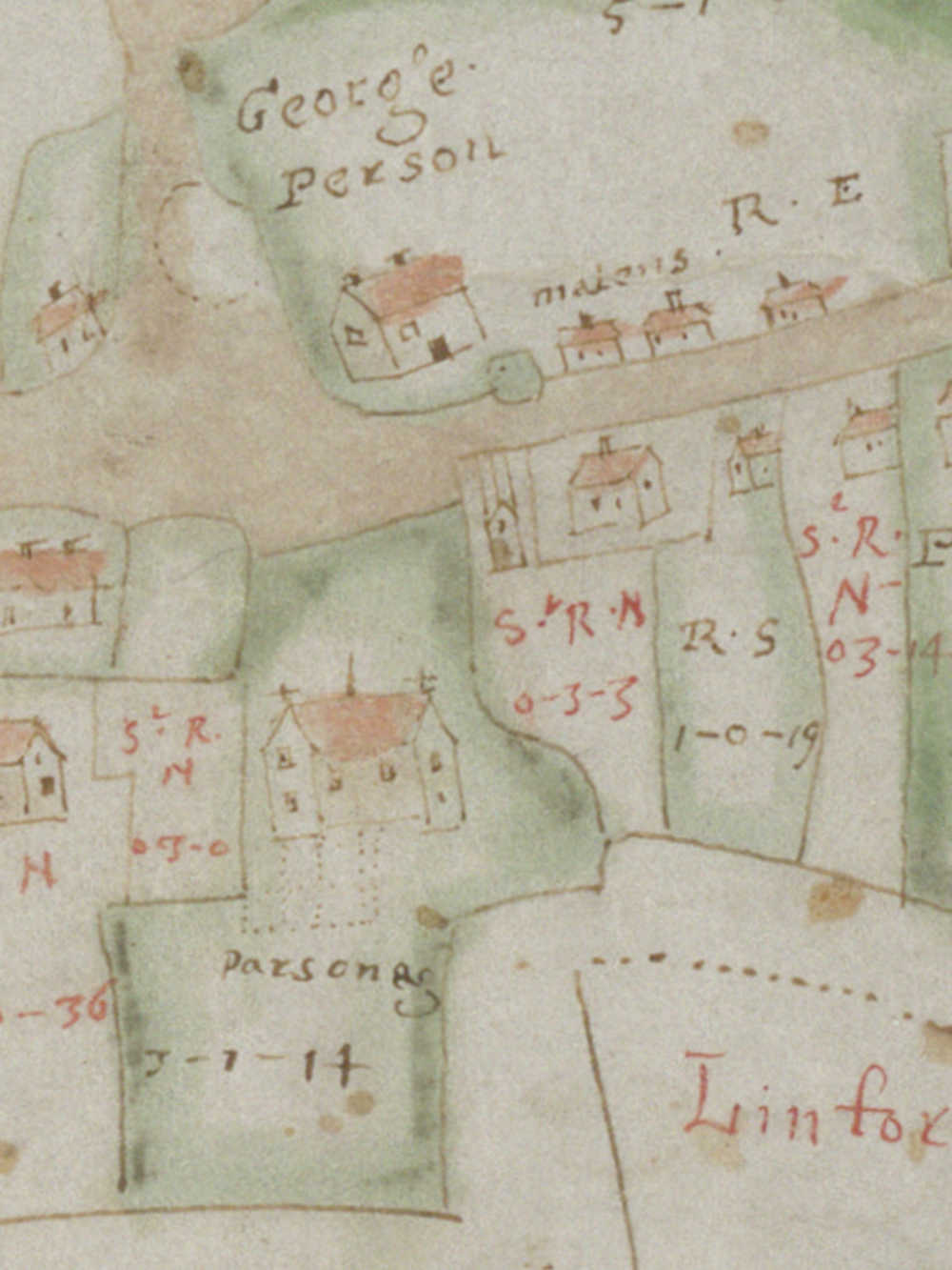 1641 Estate map of Great Linford showing a building on the plot occupied by the Nags Head public house.
