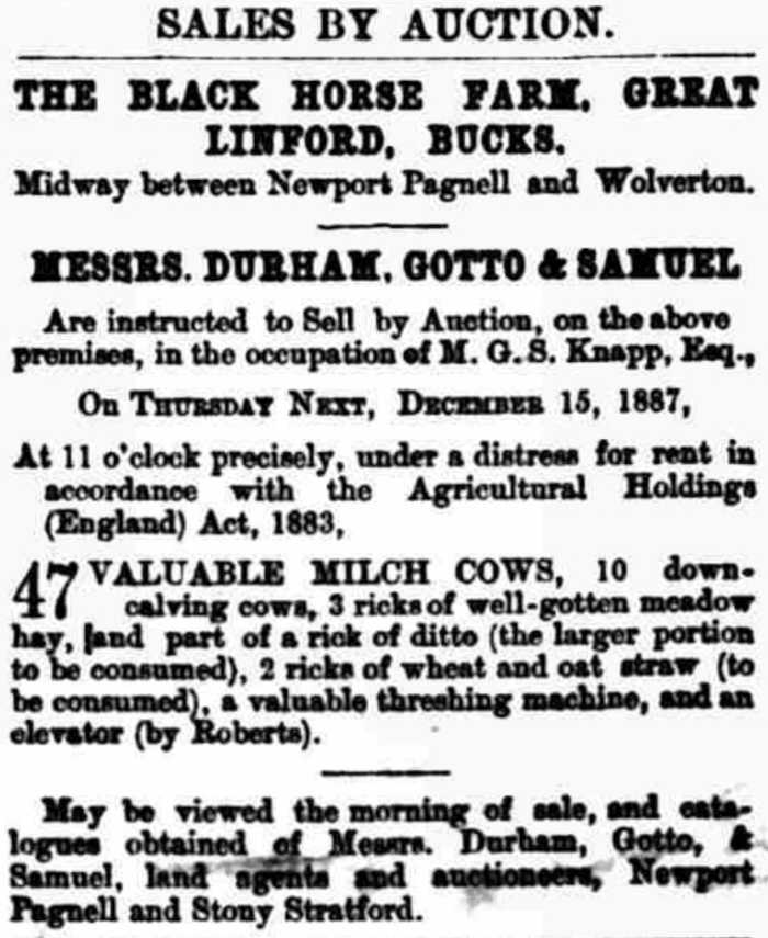 Advertisement for sale by auction at the Black Horse Farm.