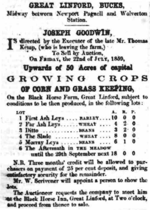 Sale by Auction July 1859, Black Horse Farm, Great Linford