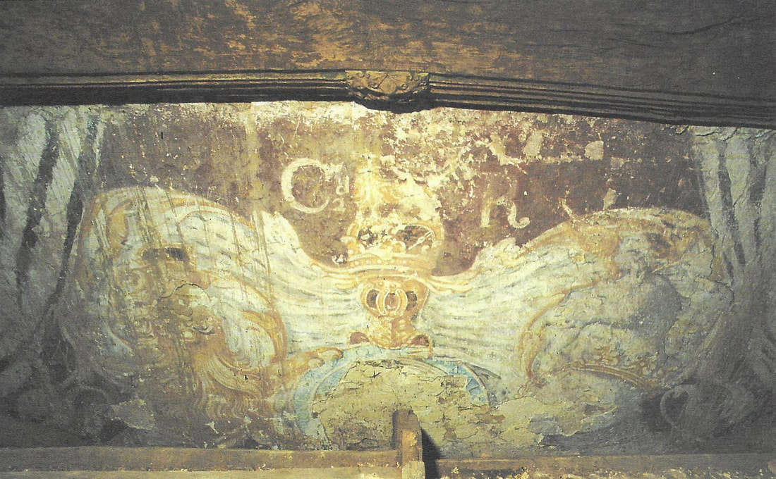 Arms of Charles II, painted on plaster, St. Andrew's Church, Great Linford