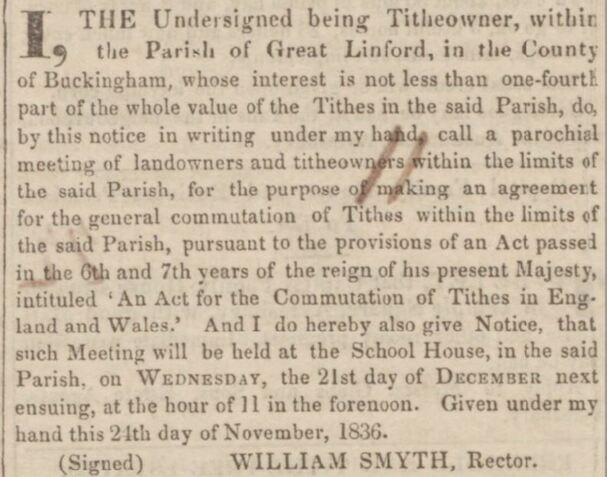 William Smyth of Great Linford calls meeting re Tithe act
