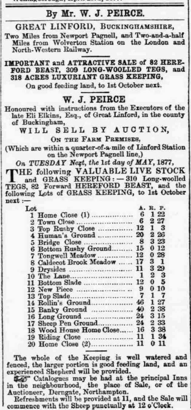 Sale of grass keeping and livestock eli elkins grange farm great linford 1877