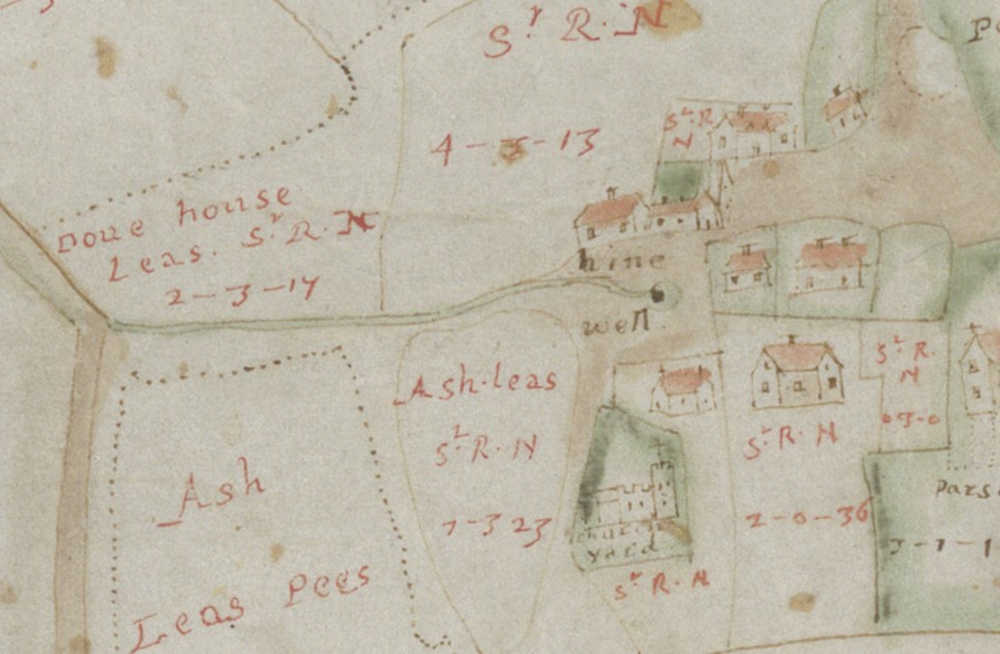 1641 Estate map of Great Linford showing Hine Well.