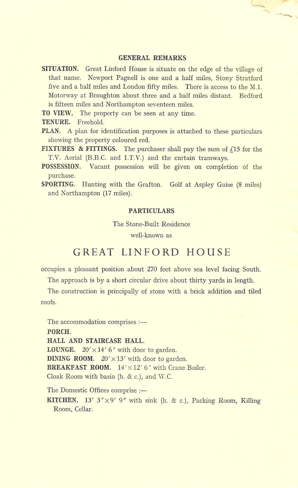 Great Linford House 1961 sales brochure page 1.