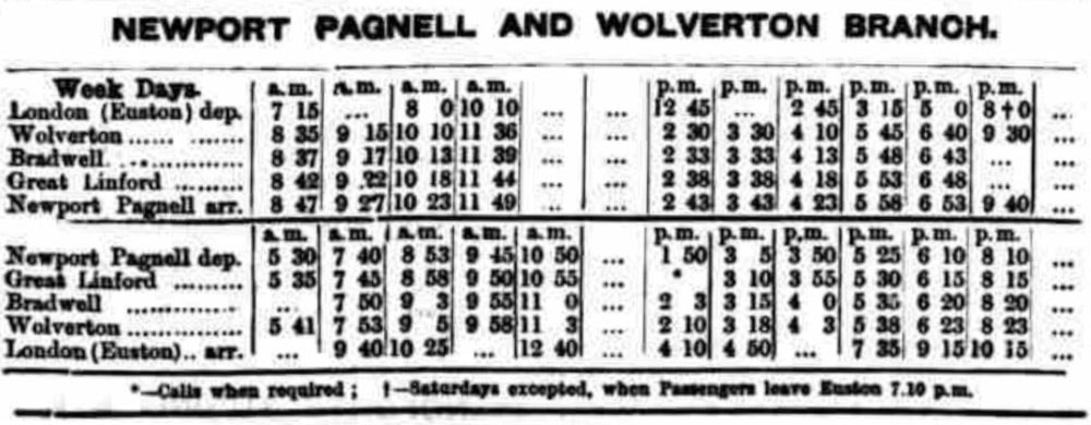 Newport Pagnell branch line Timetable published in the Bicester Herald of Friday 28 November 1890.