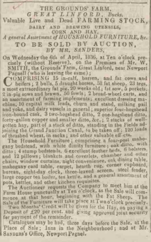 Sale at Grounds' Farm, Great Linford, 1836.