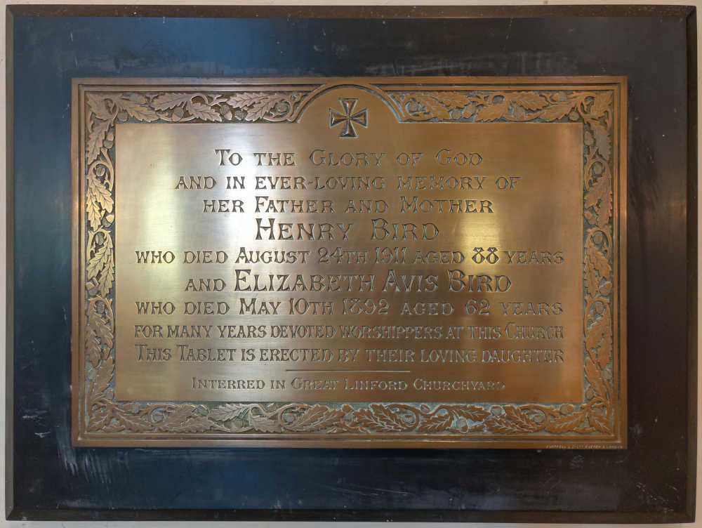 Memorial plaque to Henry Bird and family, St. Andrews Great Linford