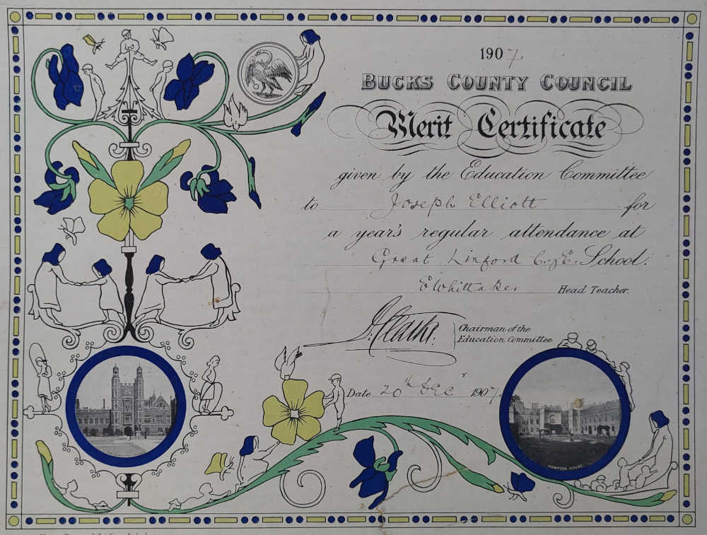 Certificate of merit issued to Joseph Elliott Great Linford in 1907.