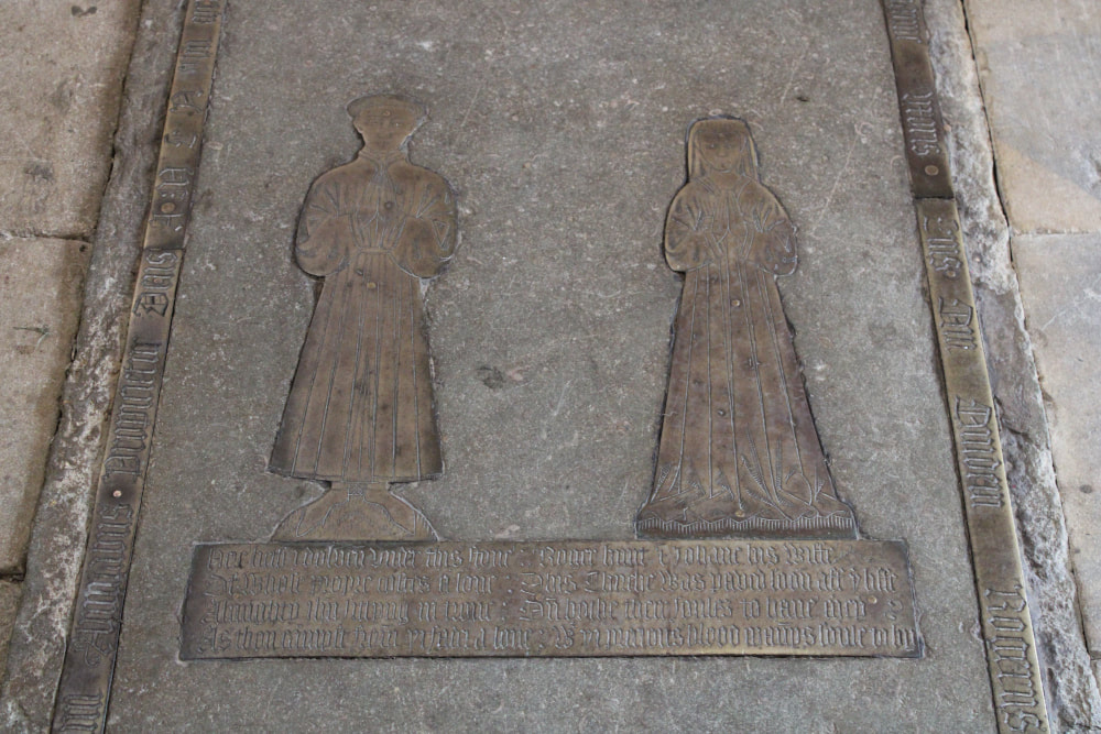Monumental brass inscription to Roger and Johane Hunt St Andrews Great Linford