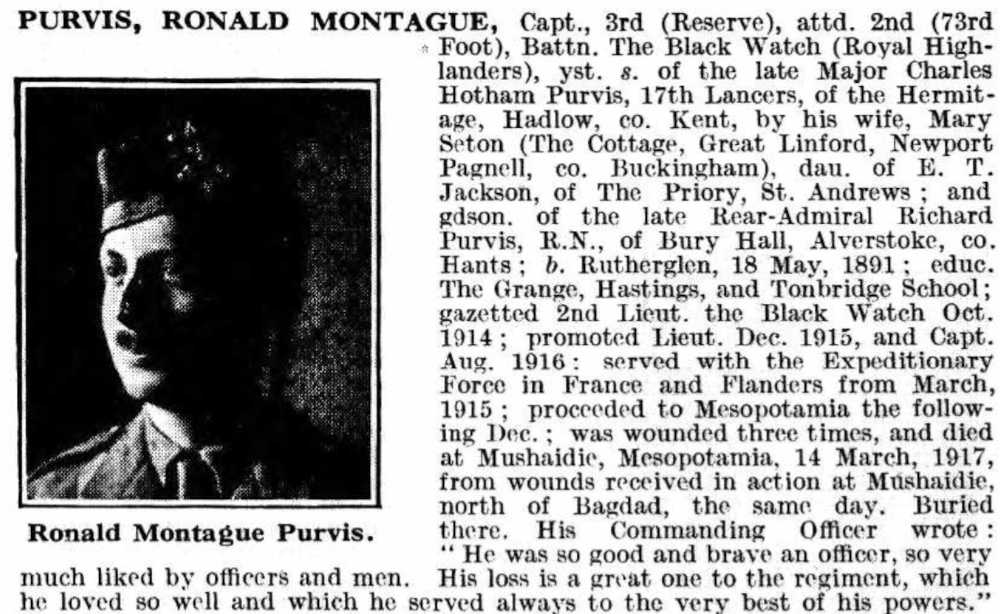 Obituary of Ronald Montague Purvis from De Ruvigny's Roll of Honour.