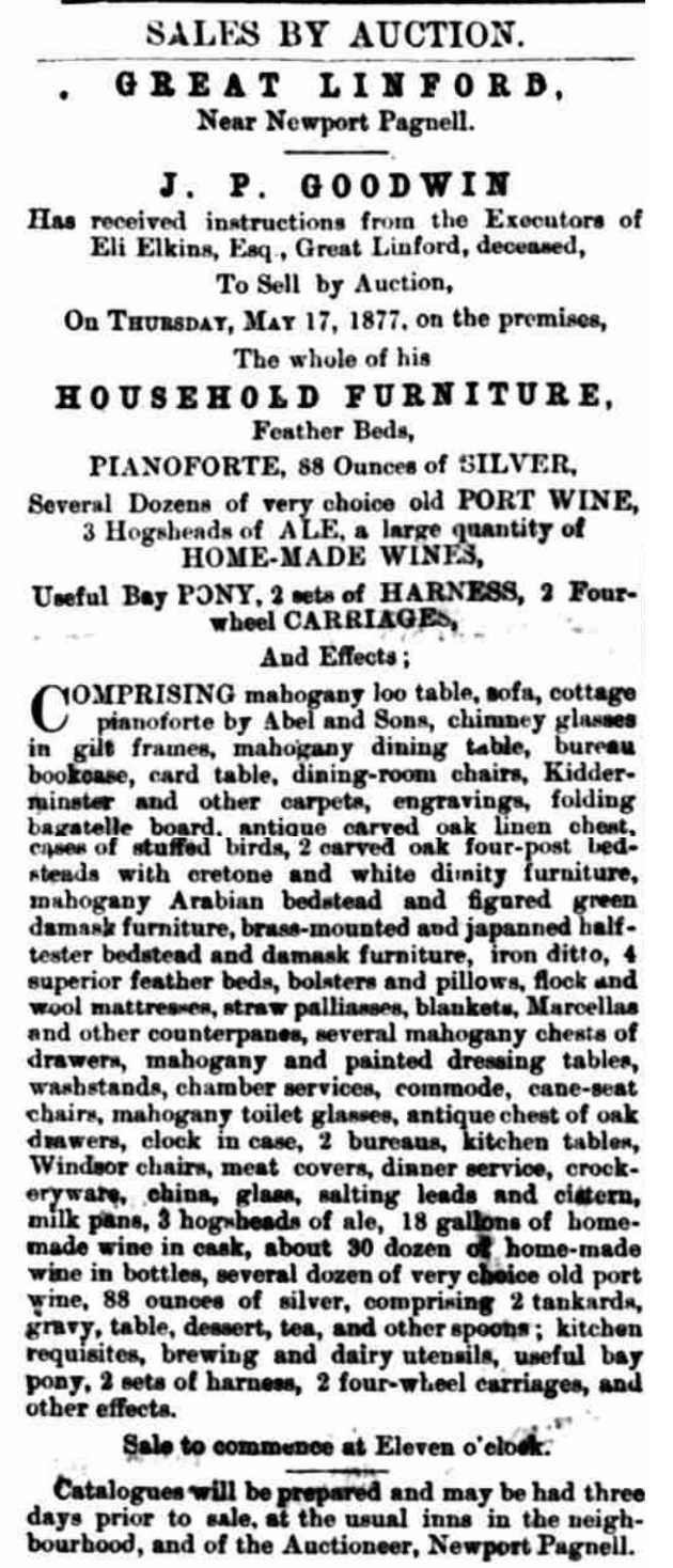 Croydon's Weekly Standard of May 12th, 1877 sale of personal effects Eli Elkin.
