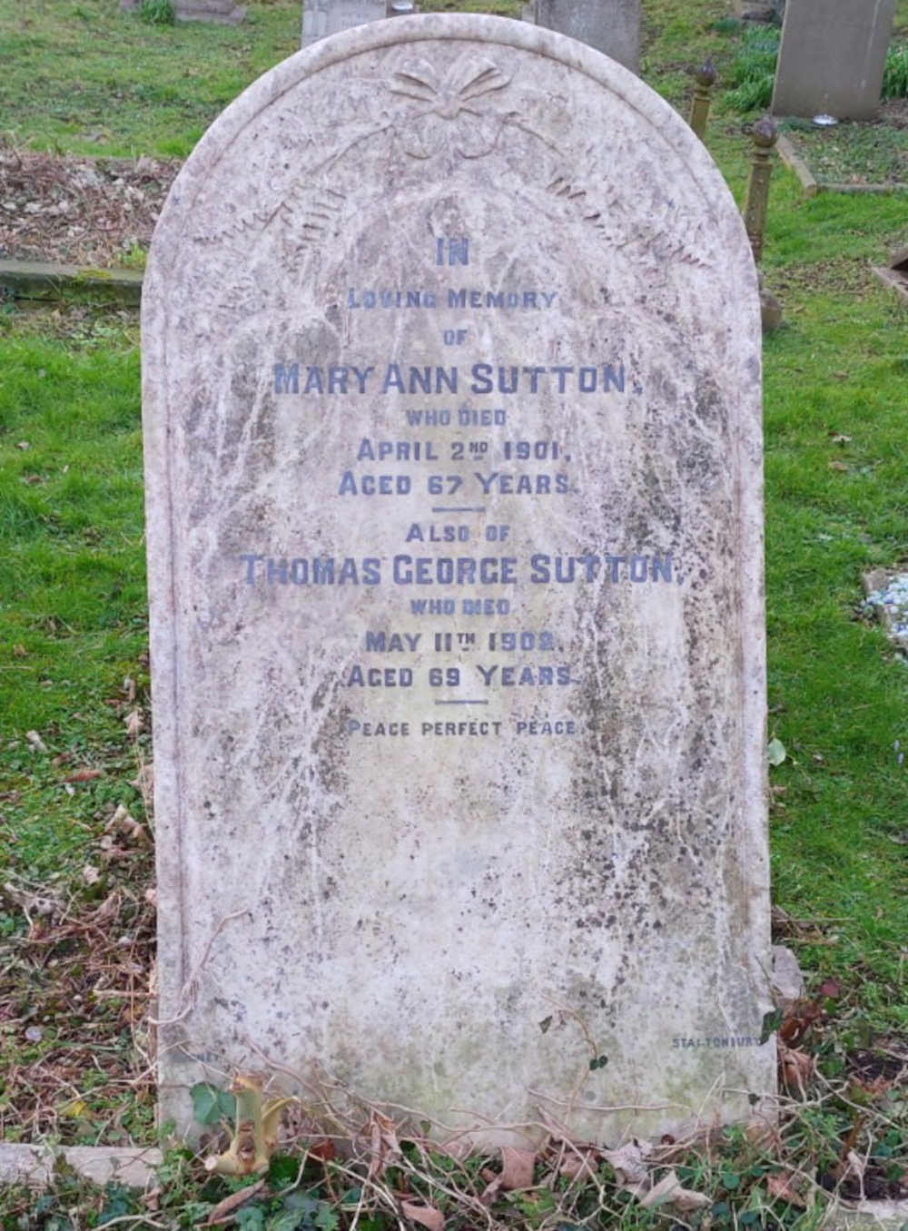 Gravestone St Andrews Churchyard Great Linford Mary and Thomas Sutton