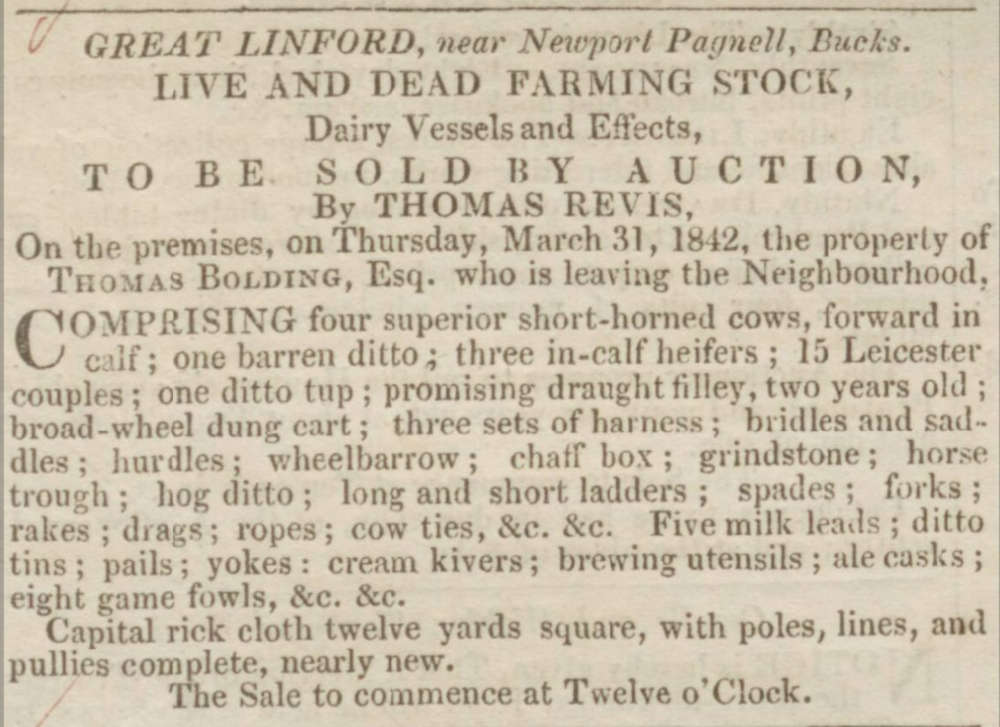 Sale of agricultural equipment by Thomas Bolding, Great Linford.
