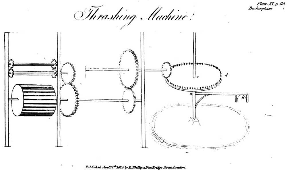 Diagram of thrashing machine built by Joseph Frost of Great Linford, from Priest’s General View of the Agriculture of Buckinghamshire (1813.)