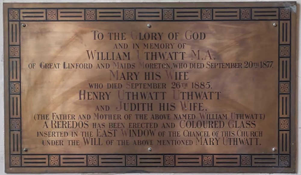 Memorial plaque to William Uthwatt and family, St. Andrews Great Linford